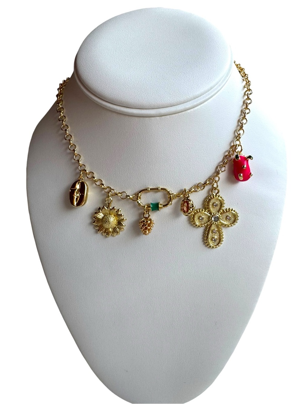 Gold Charm Necklace with Pink Accent and Green Detail - Picture 4 of 4